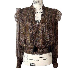 Allison New York ANTHROPOLOGIE Smocked Blouse Metallic Top Tassel Womens Size M